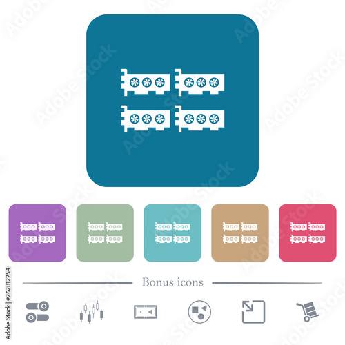 Cryptocoin mining farm flat icons on color rounded square backgrounds
