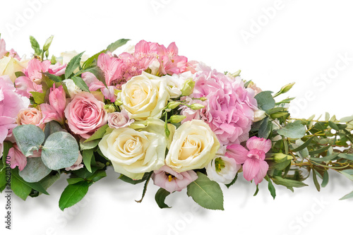 Gentle art composition. A bouquet from branches an eucalyptus, a hydrangea, Alstroemeria, gentle roses on white background © Naletova