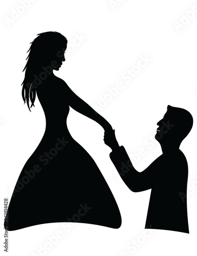 Silhouette of young girl in gown looking at man while proposing her in isolated white background