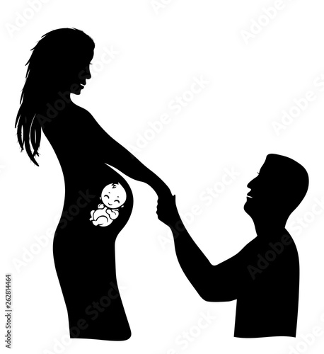 Silhouette of pregnant women with unborn baby inside belly holding hands with husband in isolated white background
