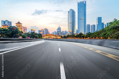 The expressway and the modern city skyline are in chengdu  China.