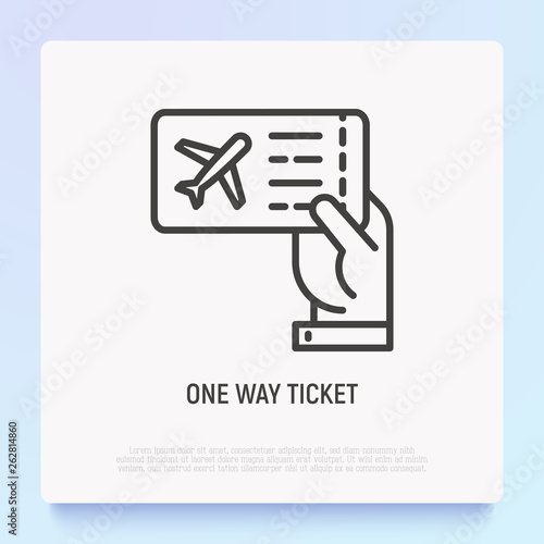 One way ticket on airplane in hand thin line icon. Modern vector illustration.