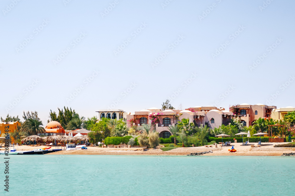 Bungalows and villas near the water in El Gouna town, Egypt.