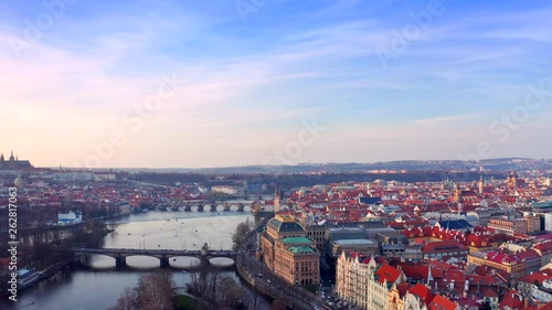 Beautiful Sunset Aerial Drone Circlular Flight Above Prague Old Town Towards Old Town Square And Clock Church photo