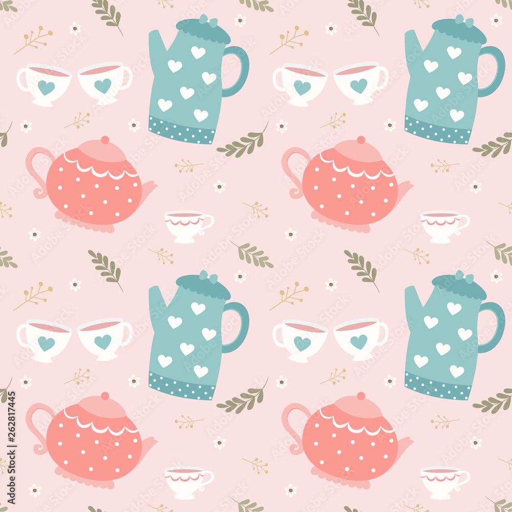 Seamless pattern teapot and cup