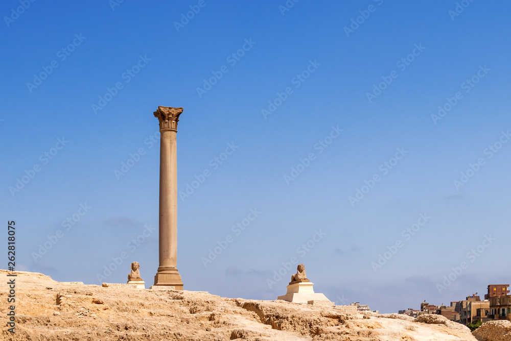 Pompey's Pillar, Roman triumphal column, with two Sphinx statues ...
