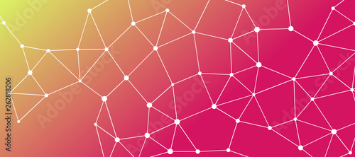 Abstrakt verbundene Punkte auf farbigem Hintergrund, technisch abstrakter Hintergrund. Technologiekonzept, LowPoly, Polygone, Dreiecke, Netzwerk, Soziales Netzwerk, IOT, Internet