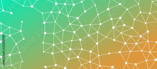 Abstrakt verbundene Punkte auf farbigem Hintergrund, technisch abstrakter Hintergrund. Technologiekonzept, LowPoly, Polygone, Dreiecke, Netzwerk, Soziales Netzwerk, IOT, Internet