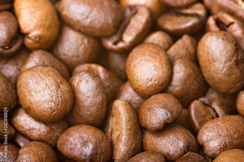 Roasted coffee beans, closeup. Background.