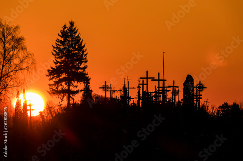Siauliai, Lithuania Early morning and dawn view of The Hill of Crosses, or, Kryžių kalnas, a pilgrimage site for Catholics and is a collection of 100,000 crosses.