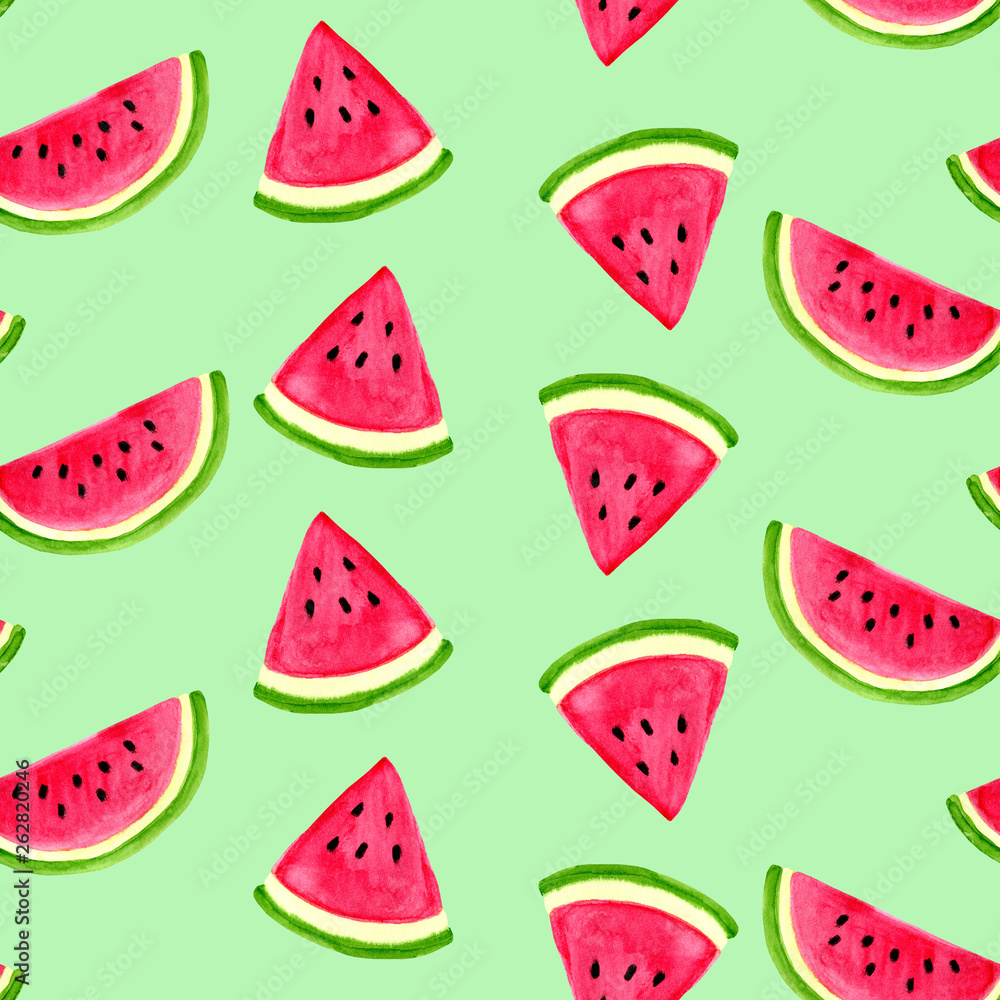 Watercolor seamless watermelon pattern. Hand drawn illustration on green background Watercolor seamless watermelon pattern. Hand drawn illustration on green background