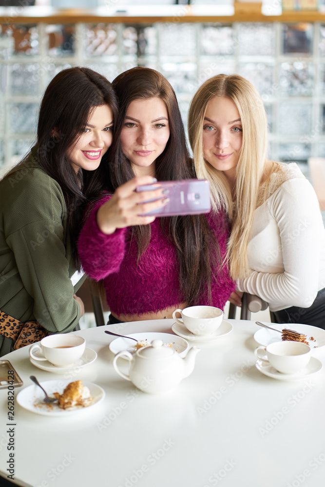 Girlfriends have fun in cafe, drinking tea and making selfie Girlfriends have fun in cafe, drinking tea and making selfie