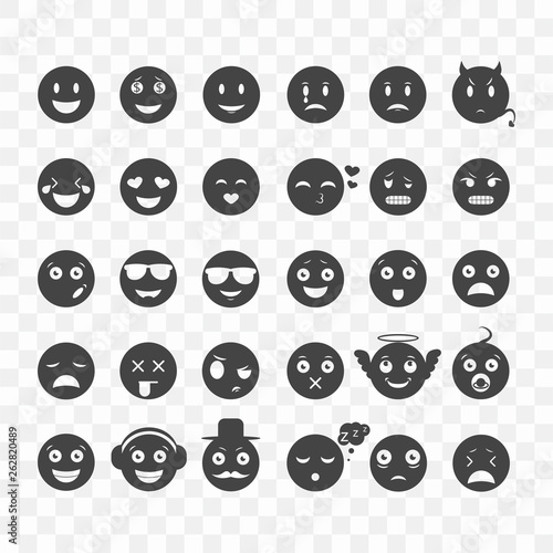 Set of black emotion icons with a transparent background for plotter or laser cutting. Icon collection emoji. Emotions for paper cutting. Vector illustration.