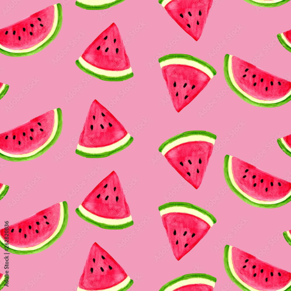 Watercolor seamless watermelon pattern. Hand drawn illustration on pink background Watercolor seamless watermelon pattern. Hand drawn illustration on pink background