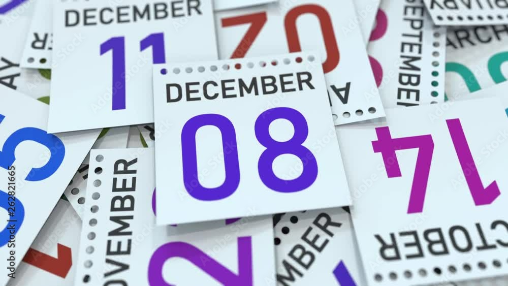 December 8 date on calendar page. 3D animation December 8 date on calendar page. 3D animation
