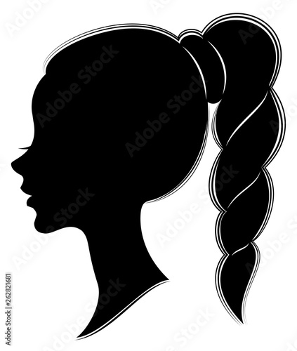 Silhouette of the head of a cute lady. The girl shows the female hairstyle braid on medium and long hair. Suitable for logo, advertising. Vector illustration.