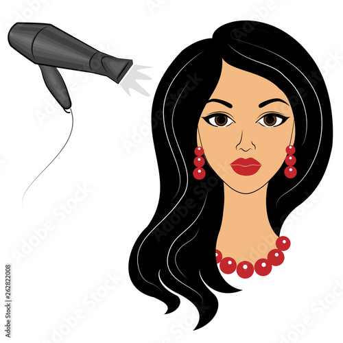 Silhouette of a lady's head. The girl in the beauty salon. A woman does her hair, dries her hair with a hair dryer. Vector illustration.