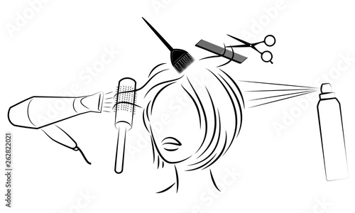 Silhouette of the head of a cute lady. The girl at the hairdresser. A woman makes a haircut, dyes, cuts hair, dries, varnishes. Vector illustration.