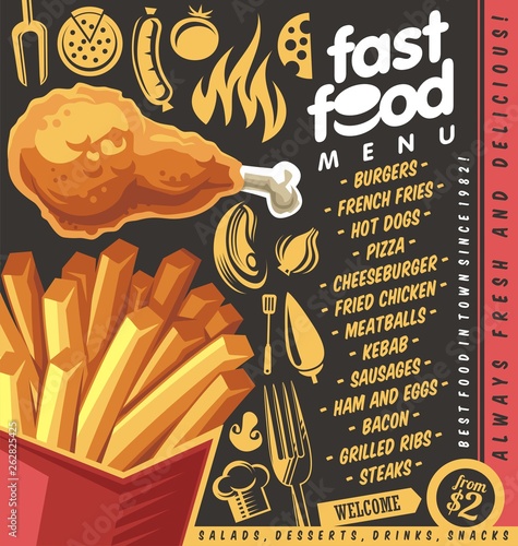 Fast food restaurant menu design with french fries and fried chicken. Artistic menu concept for diner or street food festival. Vector illustration.