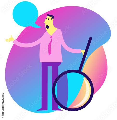 Flat design illustration for presentation, web, landing page: A man stands with a magnifying glass, he could not find the file. Error 404.