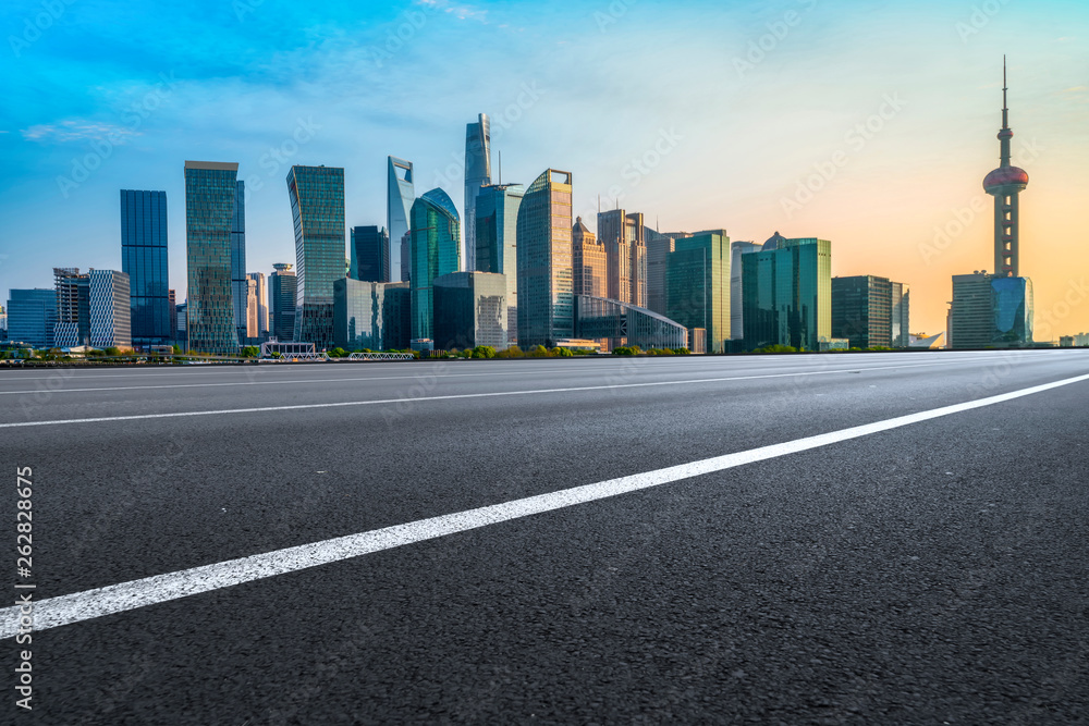 Empty Asphalt Road Through Modern City of Shanghai, China..