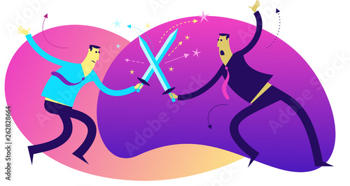 Flat design illustration for presentation, web, landing page: Two men fight in a duel with swords. Competition, rivalry of people, companies.