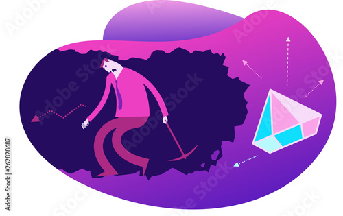 Flat design illustration for presentation, web, landing page: A man digs in a tunnel trying to get to the goal, rewards. He gave up and stopped trying. The fatigue and impotence of man.
