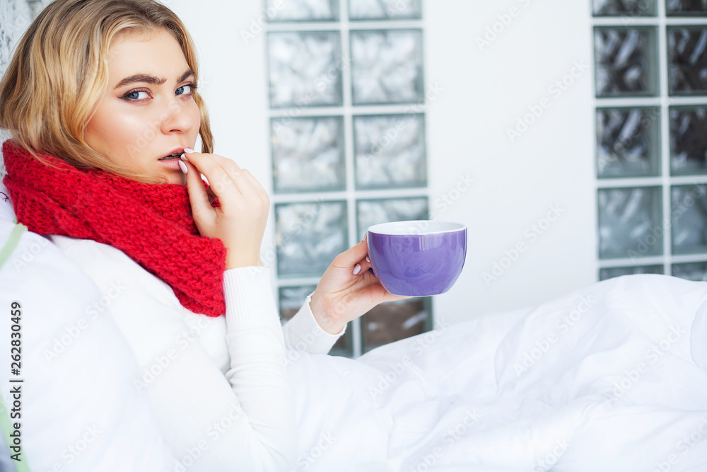 Flu. Woman Suffering From Cold Lying In Bed Flu. Woman Suffering From Cold Lying In Bed