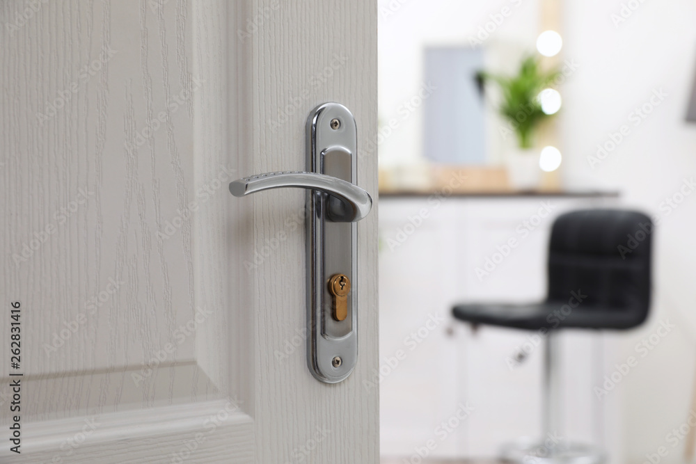 Closeup of open door in modern apartment, space for text Closeup of open door in modern apartment, space for text