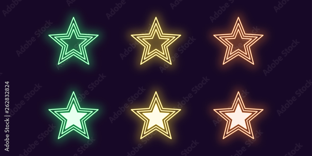 Neon icon set of glowing Star. Vector shiny sign Neon icon set of glowing Star. Vector shiny sign