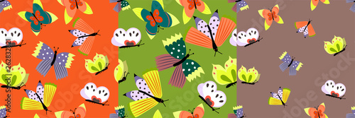 Seamless pattern with colorful butterflies.Set of three hand dra