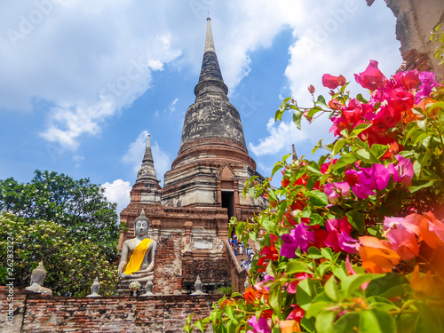 A stunning temple of Ayutthaya  Thailand. Foreground are the colorful flowers  and the temple with a big Buddha statue is in the background. Temple build of red brick. contrast of red  blue and green.