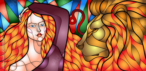 illustration of a beautiful girl embodying the zodiac sign in the style of stained Glass