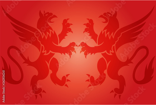 Bandera roja con silueta de dragones.