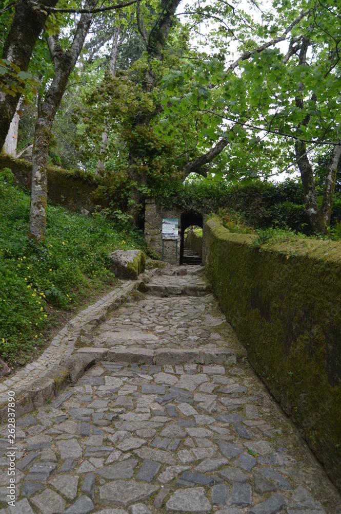 Entrance To The Castle Of The Moors, Medieval Castle Of XII Century With Views To The Sea In Sintra. Nature, architecture, history, street photography. April 13, 2014. Sintra, Lisbon, Portugal.