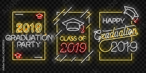 Vector set of realistic isolated neon sign of Graduation logo for template decoration and invitation layout on the transparent background.