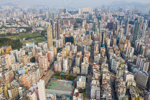 Drone fly over Hong Kong downtown