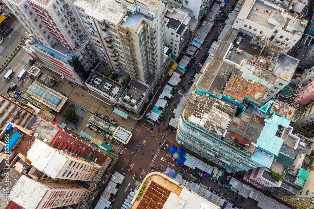 Fototapeta premium Top view of Hong Kong city, street market