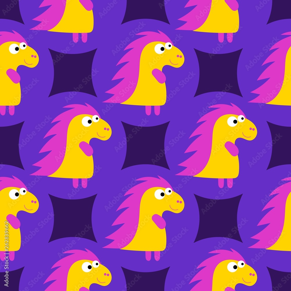 Cartoon pattern with yellow cartoon baby dinosaur pattern on purple background. Dinosaur baby girl cute print. Cute cartoon dino design. Cute cartoon wild animal. Vector illustration background. Cartoon pattern with yellow cartoon baby dinosaur pattern on purple background. Dinosaur baby girl cute print. Cute cartoon dino design. Cute cartoon wild animal. Vector illustration background.