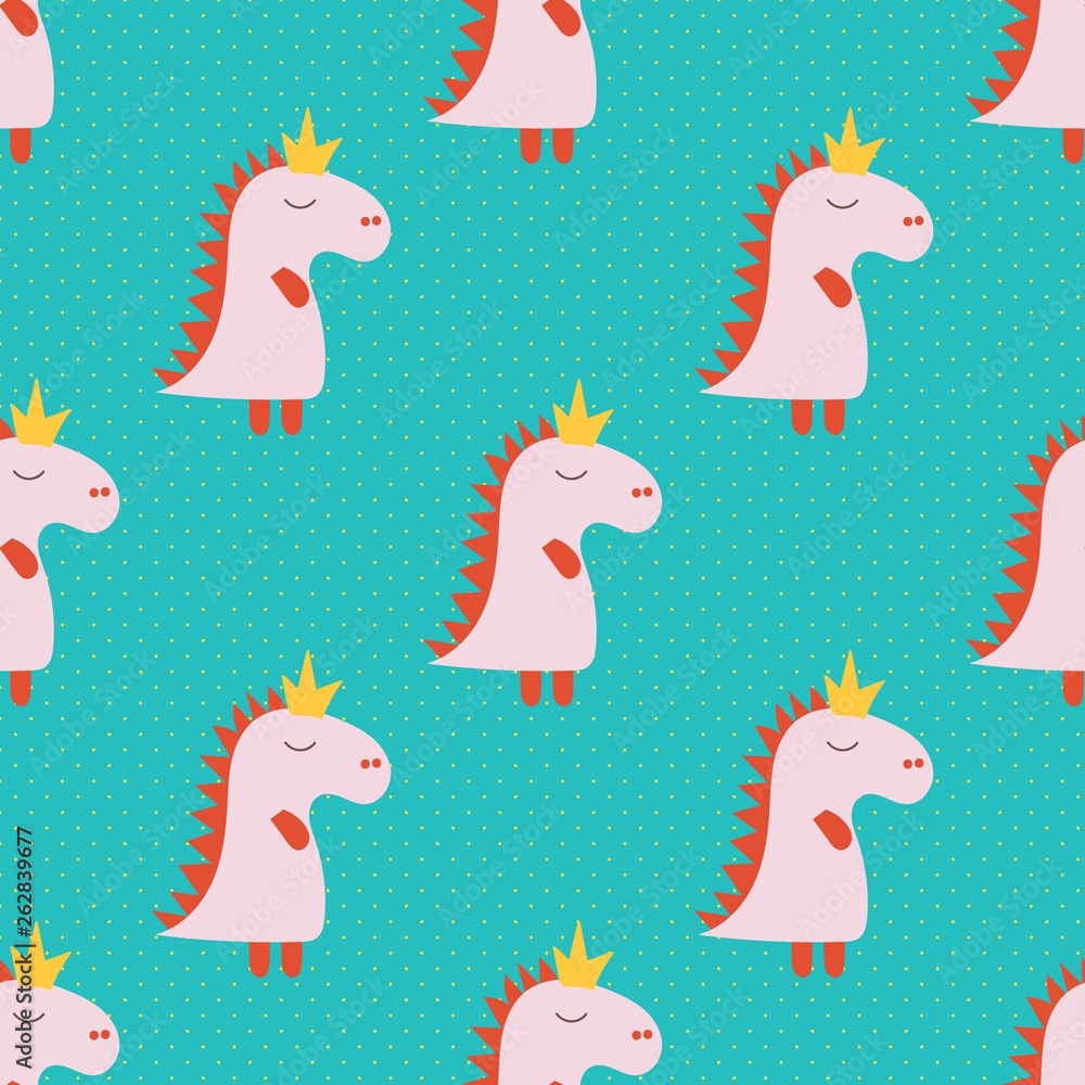 Fototapeta premium Cartoon pattern with pink cartoon baby dinosaur pattern on green background. Dinosaur baby girl cute print. Cute cartoon dino design. Cute cartoon wild animal. Vector illustration background.