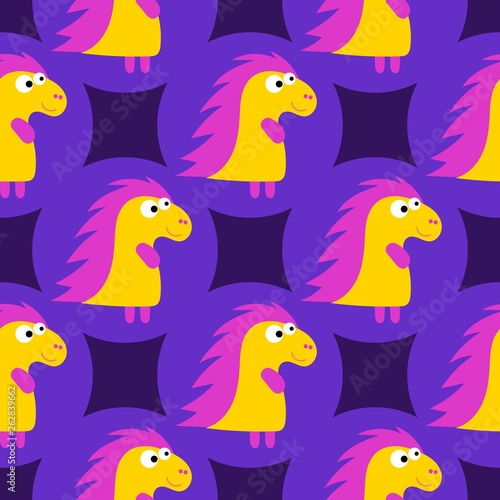 Cartoon pattern with yellow cartoon baby dinosaur pattern on purple background. Dinosaur baby girl cute print. Cute cartoon dino design. Cute cartoon wild animal. Vector illustration background.