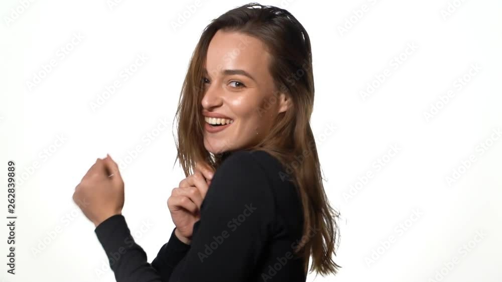 Portrait of friendly woman smiling on isolated white background Portrait of friendly woman smiling on isolated white background