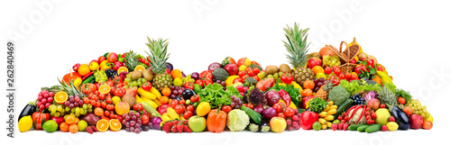 Big pile fruits and vegetables isolated on white