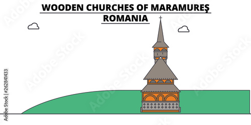 Romania , Maramures, Wooden Churches, flat landmarks vector illustration. Romania , Maramures, Wooden Churches line city with famous travel sights, design skyline. 
