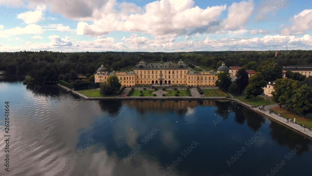 Drottningholm Palace, aerial drone flight above the lake Drottningholm Palace, aerial drone flight above the lake