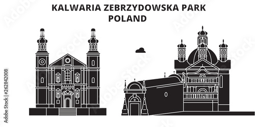 Poland , Kalwaria Zebrzydowska Park, flat landmarks vector illustration. Poland , Kalwaria Zebrzydowska Park line city with famous travel sights, design skyline. 