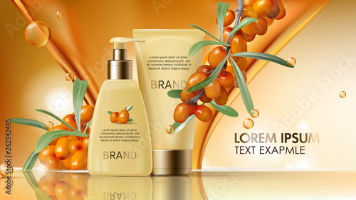 Sea buckthorn cosmetics vector realistic ads poster. Elegant packaging with cosmetic cream or lotion, branch with juicy orange seaberry, olive green leaves and flowing golden oil, magazine mockup