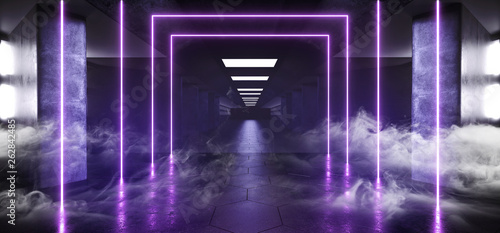 Smoke Steam Fog Reflective Glowing Alien Spaceship Sci Fi Futuristic Room Hall Corridor Hall Windows Light Blue Ultraviolet Vibrant White Glowing Neon Fluorescent Abstract Lines Path 3D Rendering