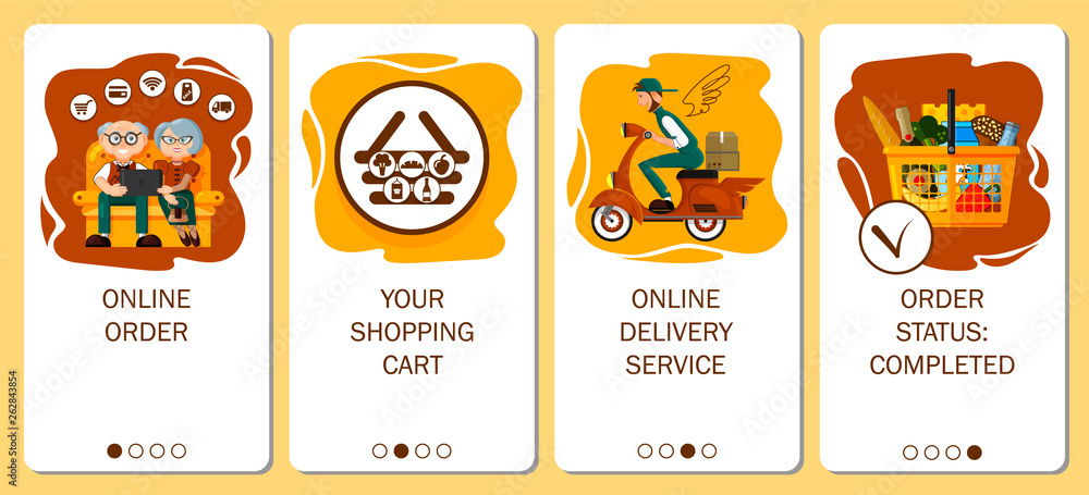 Design of mobile app to onboarding screens. Online order service, food delivery, order grocery in online store