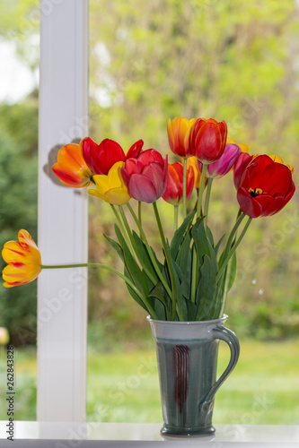 Tulpen im Krug am Fenster